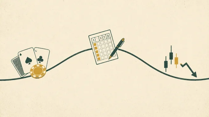 Illustrazione di una curva che sale e scende con carte da poker e fiche, schedina del Totocalcio con penna, e grafico a candele in calo, a rappresentare il ciclo di ascesa e declino delle mode nel gioco