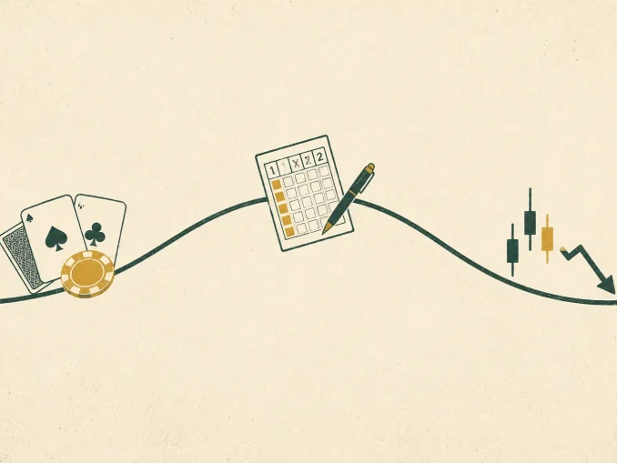 Illustrazione di una curva che sale e scende con carte da poker e fiche, schedina del Totocalcio con penna, e grafico a candele in calo, a rappresentare il ciclo di ascesa e declino delle mode nel gioco