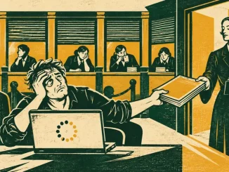 Giocatore esasperato davanti al portatile con icona di caricamento che porge un fascicolo di documenti a una funzionaria sulla porta aperta, mentre gli impiegati allo sportello restano indifferenti