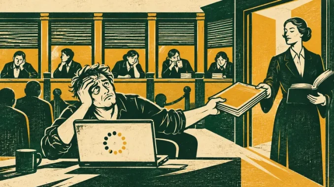 Giocatore esasperato davanti al portatile con icona di caricamento che porge un fascicolo di documenti a una funzionaria sulla porta aperta, mentre gli impiegati allo sportello restano indifferenti