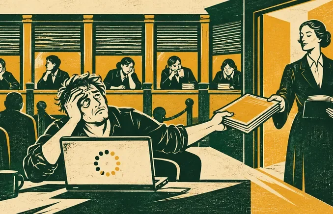 Giocatore esasperato davanti al portatile con icona di caricamento che porge un fascicolo di documenti a una funzionaria sulla porta aperta, mentre gli impiegati allo sportello restano indifferenti