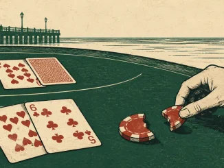 Mano di blackjack con 10 e 6 contro il 10 del banco, il giocatore ritira metà della fiche con la resa tardiva, pontile di Atlantic City sullo sfondo