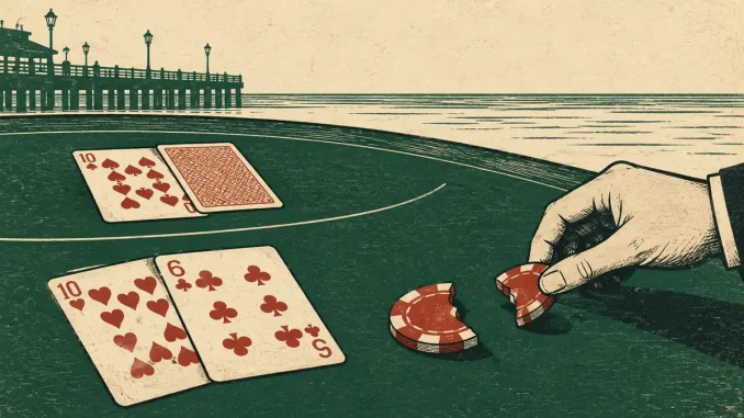 Mano di blackjack con 10 e 6 contro il 10 del banco, il giocatore ritira metà della fiche con la resa tardiva, pontile di Atlantic City sullo sfondo