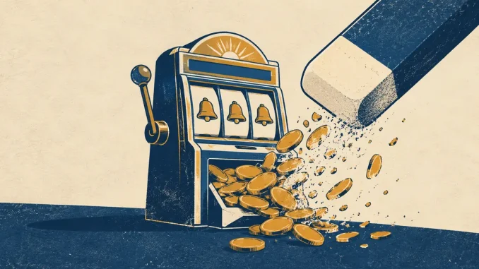 Slot machine stilizzata con una gomma che cancella le monete della vincita