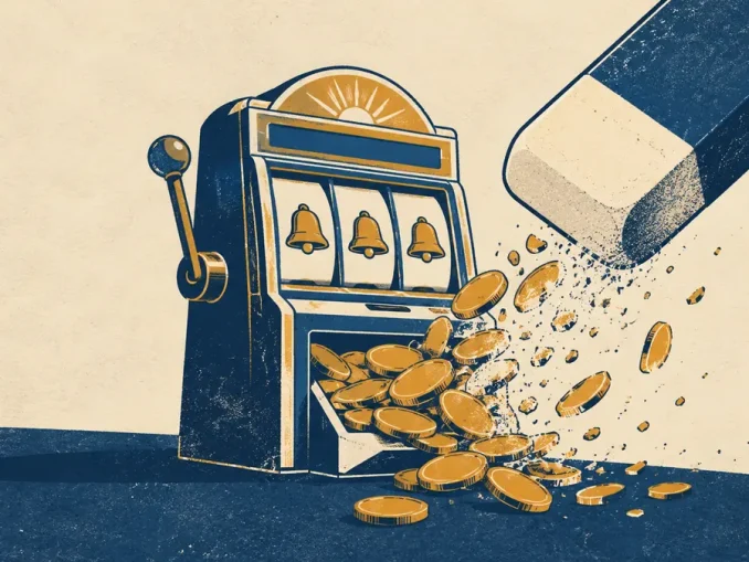 Slot machine stilizzata con una gomma che cancella le monete della vincita