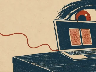 Illustrazione di un occhio che spia due carte coperte sullo schermo di un portatile, simbolo del malware che mostrava le carte nel poker online