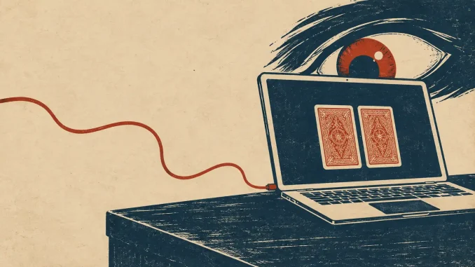 Illustrazione di un occhio che spia due carte coperte sullo schermo di un portatile, simbolo del malware che mostrava le carte nel poker online