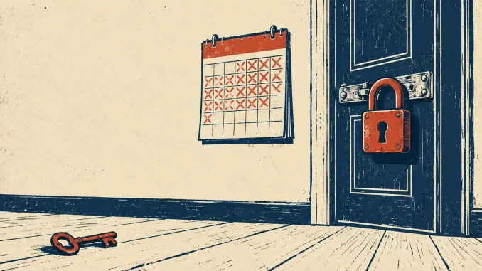 Porta chiusa con un lucchetto rosso, un calendario da muro con i giorni barrati e una chiave a terra, a illustrare i tempi di attesa per revocare l’autoesclusione ADM